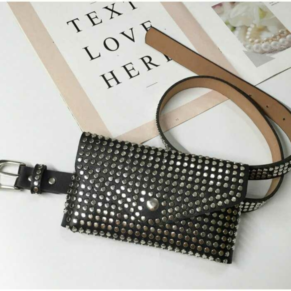 Black Studded Leather Belted Bag